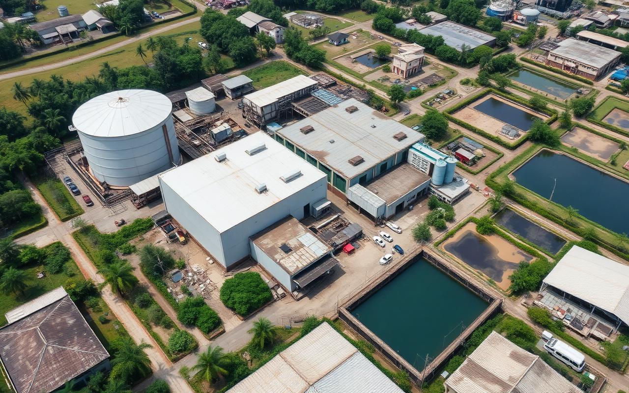 Aerial view of a Malaysian industrial plant with treatment ponds